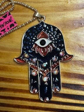 Betsey Johnson Hamsa Hand Pendant Necklace Gold Plated wt Black Enamel